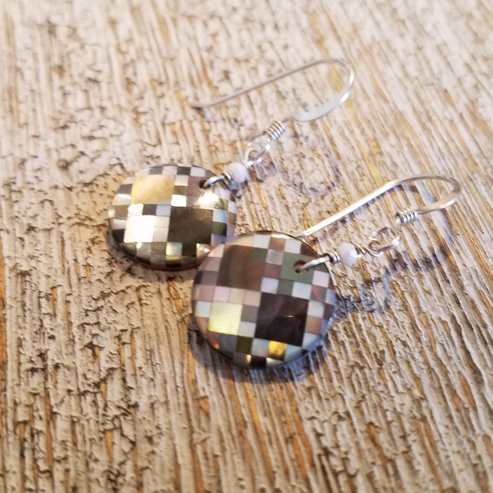 Silver shell mosaic intarsia circle earrings